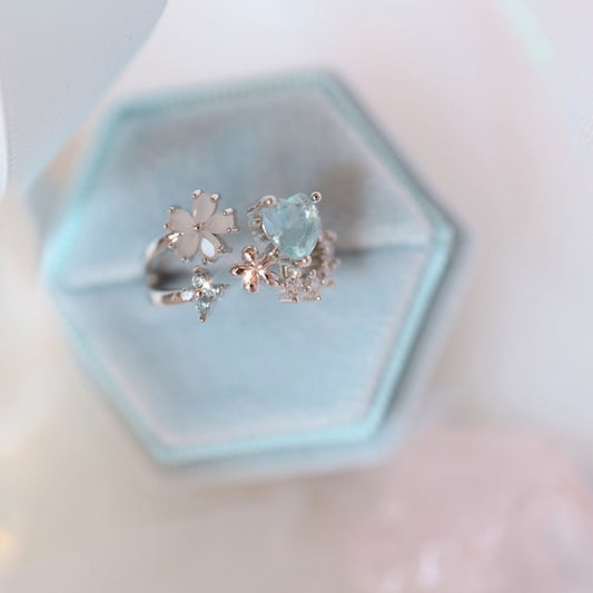ramune blue heart&flower ring